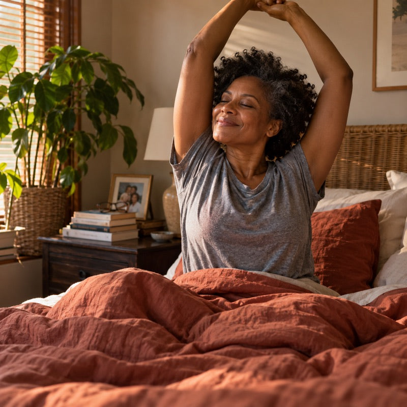 A woman stretching in bed at sunrise after a full night