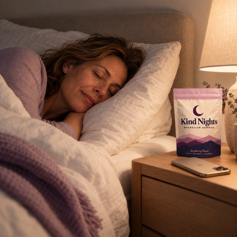 A woman peacefully asleep at night, Kind Nights bag on the nightstand