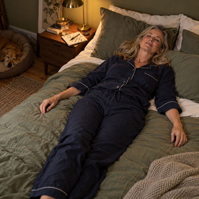 A woman lying relaxed on her bed in the evening