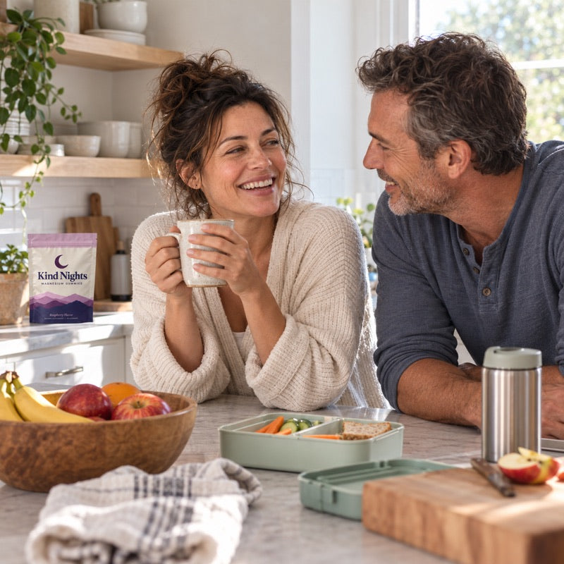 A woman laughing with her husband over morning coffee