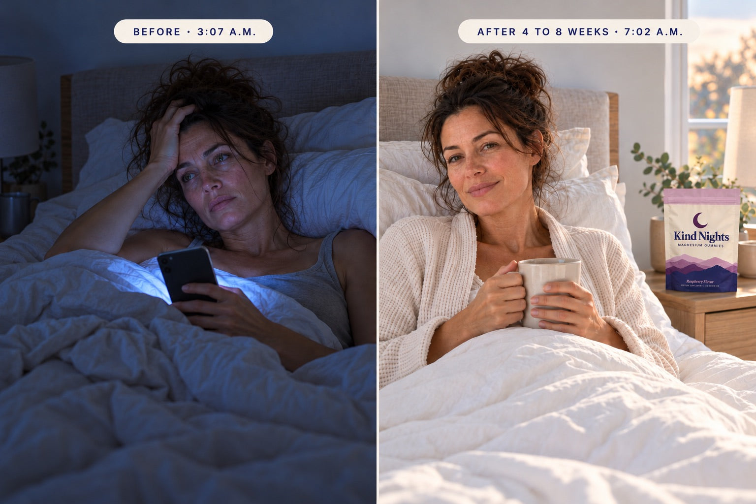 The same woman: wide awake at 3:07 a.m., then rested at 7:02 a.m. with Kind Nights